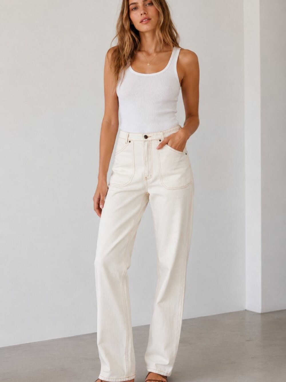 One Mile Amsterdam Cream Carpenter Utility Jeans Contrast Stitch Women's 6-8